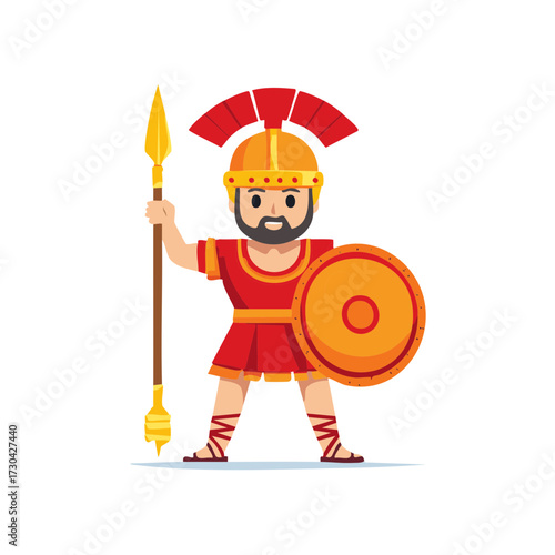 Cartoon Greek warrior in helmet with shield and spear in hand, vector illustration
