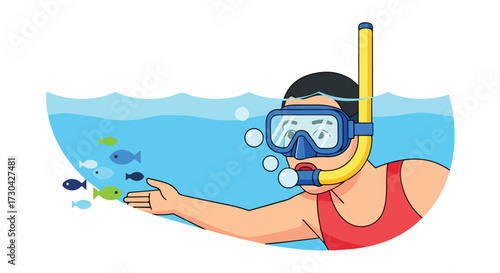 Snorkeling adventure: illustrated character interacting with marine life in clear blue waters, depicting exploration and underwater fun