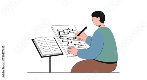 Creative Composer at Work: Crafting a Melodious Symphony with Pen and Paper in a Minimalist Artistic Style