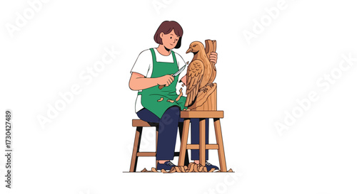 Illustration of a woodcarver crafting a bird figure, showcasing the artisan's skill and attention to detail revealing creativity