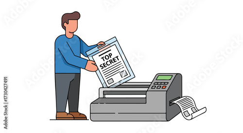Illustrative depiction of a man placing a top secret document into a printer machine for printing, flat vector style conceptual illustration