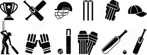 Cricket Silhouette Icon Set Featuring Bat, Ball, Helmet, Trophy, Pads, Gloves, Cap, Wickets, Player, and Equipment Symbols