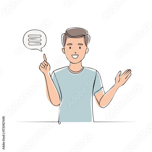 Man with Thought Bubble Pointing and Presenting with Gestures in Minimalist Style