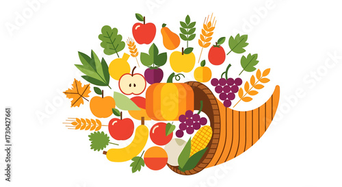 A colorful flat design illustration showcases a generous harvest, symbolizing abundance, nature's bounty, and the traditional connection to agriculture and sustainability.