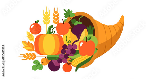 A colorful flat design illustration showcases a generous harvest, symbolizing abundance, nature's bounty, and the traditional connection to agriculture and sustainability.