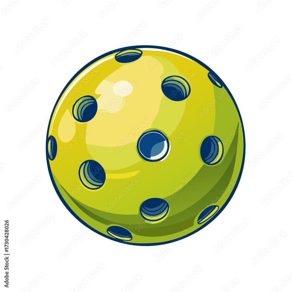 Fototapeta premium Yellow pickleball with blue holes and a dark blue outline on a white background