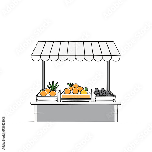 Fruits and Berries on a Farmers Market Stall Stand with Canopy Top Illustration