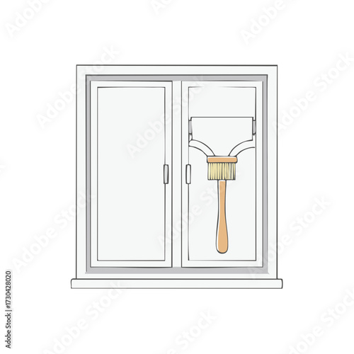 Line art illustration of a modern window with a hanging window cleaning brush
