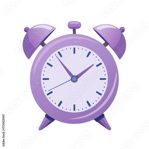 Bright purple cartoon style alarm clock symbolizing morning wake up and time management