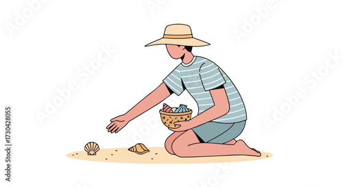 Seashore scavenger: Illustrated scene of a person collecting seashells on a sandy beach vacation coastline scene