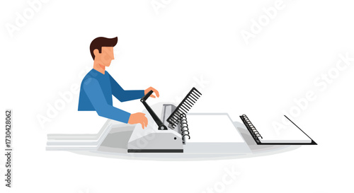 Illustration of a person binding documents with a comb binding machine in a minimalistic style graphic design concept