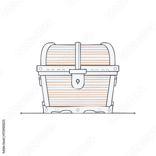 Stylized treasure chest graphic in light beige and light grey line art, lock and metal details