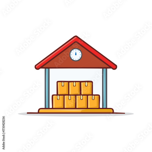 Cartoon warehouse building with stacks of boxes and a clock on the gable