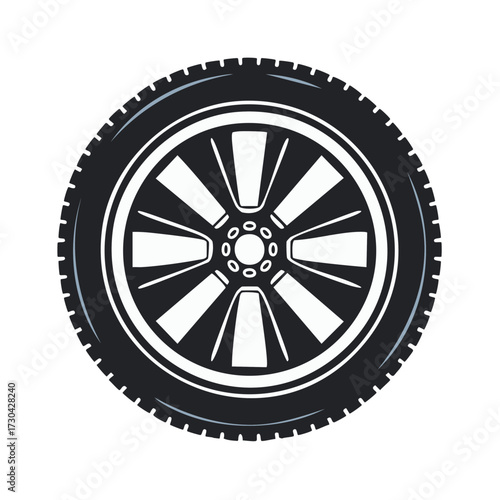 Stylized car wheel and tire with an alloy rim and tire tread detail