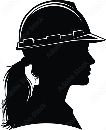 Female construction worker silhouette with hard hat, ponytail profile, safety gear vector, gender diversity in labor, black and white illustration