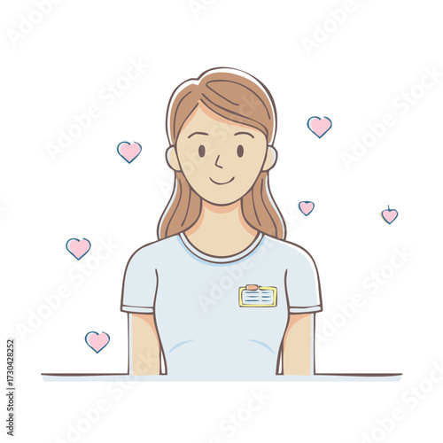 Friendly healthcare professional with heart symbols and an identification badge