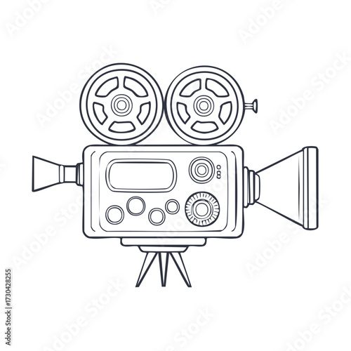 Vintage movie camera with film reels and tripod simple line art