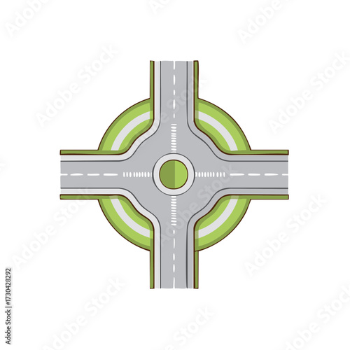 Detailed top-down illustration of a modern road roundabout with four entry points and green landscaping