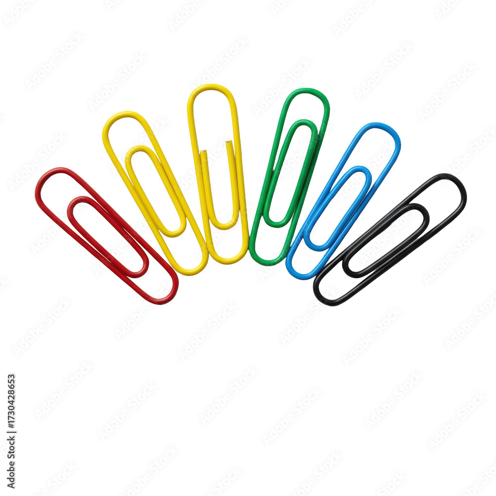 Obraz premium Six brightly colored paper clips (red, blue, green, yellow, pink, black) meticulously fanned in a semi-circle, overlapping to form a smooth gradient, isolated on a transparent background. Concept of