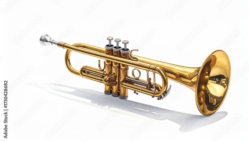Obraz premium A brass trumpet—flared bell, piston valves, metallic shine—rests on white. A metaphor for breath and the choreography of sound through crafted resonance and golden articulation.