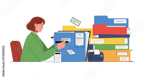 Focused woman organizing and labeling essential documents in the office workspace environment with diligent attention and care towards paperwork