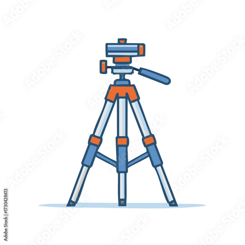 Isolated modern tripod illustration with blue legs and orange trim, camera equipment