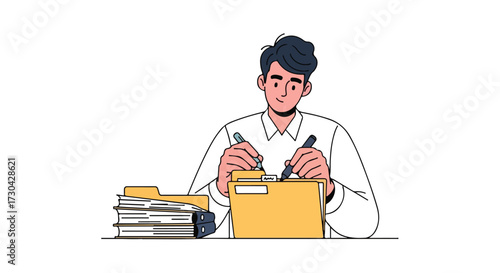 Focused professional meticulously organizes and labels documents with precision and efficiency enhancing workflow within a structured office