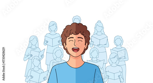 Illustrative portrayal showcasing a cheerful lead singer in front of his choir group in minimalist style