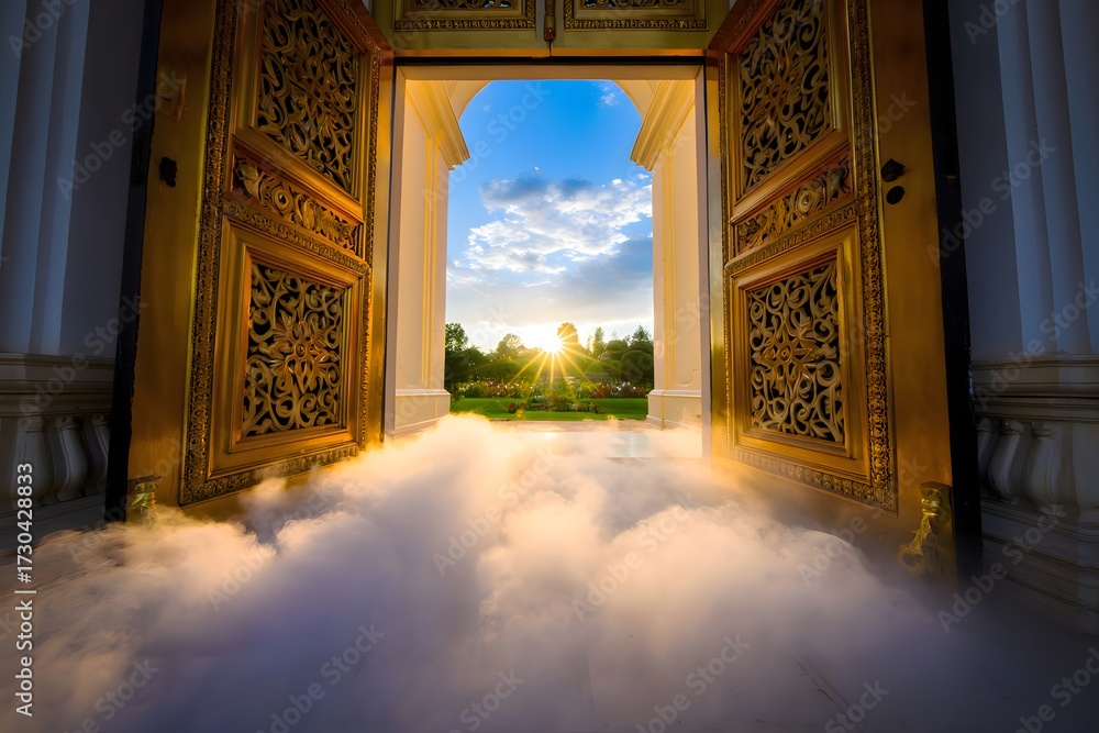 Fototapeta premium Heavenly gates open to a bright future with clouds and golden doors leading to paradise view