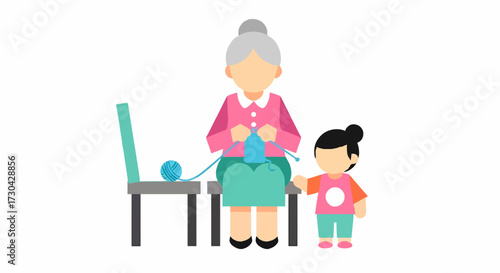 An elderly woman knits while seated, a young child stands beside her, observing the process.