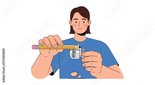 Illustration of a person sharpening a pencil with a mechanical sharpener showcasing precision and focus in artistic creation