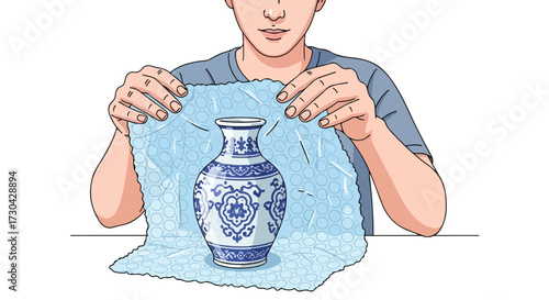 Illustrative portrayal of a person meticulously protecting a delicate porcelain vase with bubble wrap during packaging ensuring safety during transit