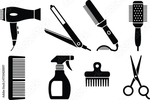 Hair styling tools silhouette set including dryer, straightener, combs, scissors, spray bottle, brushes, and hot styling accessories vector.