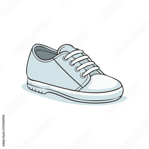 Cartoon style illustration of a single blue and white shoe with laces, on white background