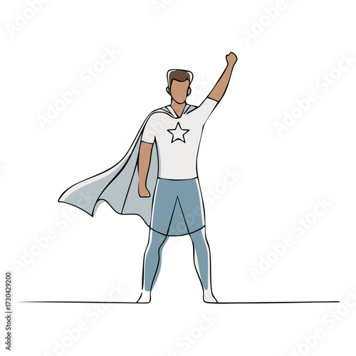 Triumphant superhero character in a cape with a star symbol raising his fist in a powerful pose