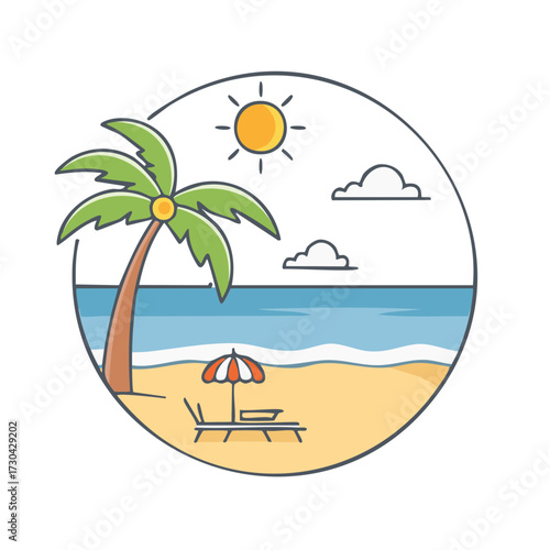 Tropical beach vacation illustration with palm tree, ocean waves, and sun lounger in a circular frame