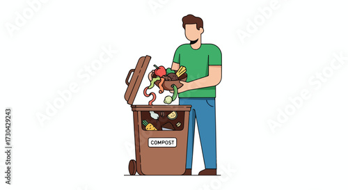 Man composting kitchen scraps: promoting ecological awareness and sustainable lifestyle for waste reduction and supporting environmental
