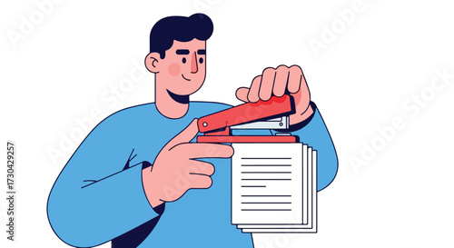 Illustration of a man using a red stapler to fasten documents on a white background office tasks concept