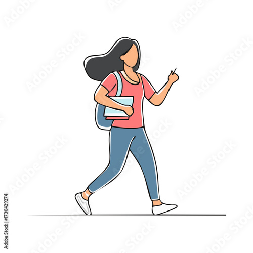 Illustration of a student woman walking with books, gesturing with her hand, wearing backpack, outline art style