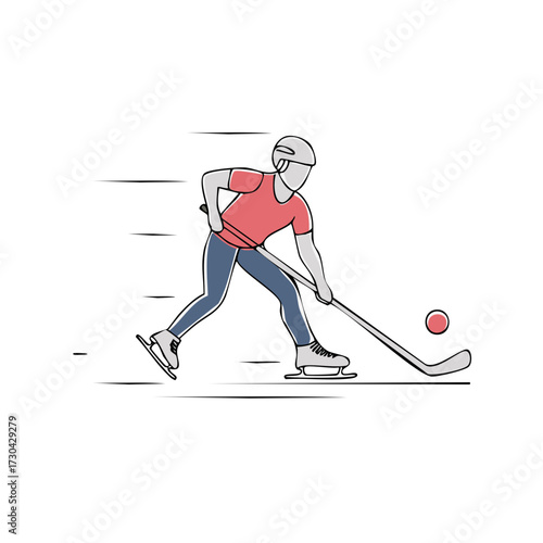 Line art illustration of a dynamic ice hockey player skating with a stick and puck.