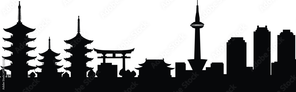 Fototapeta premium Japanese city skyline silhouette with pagodas, torii gate, Kyoto Tower, modern buildings, cultural architecture blend, vector illustration for stock