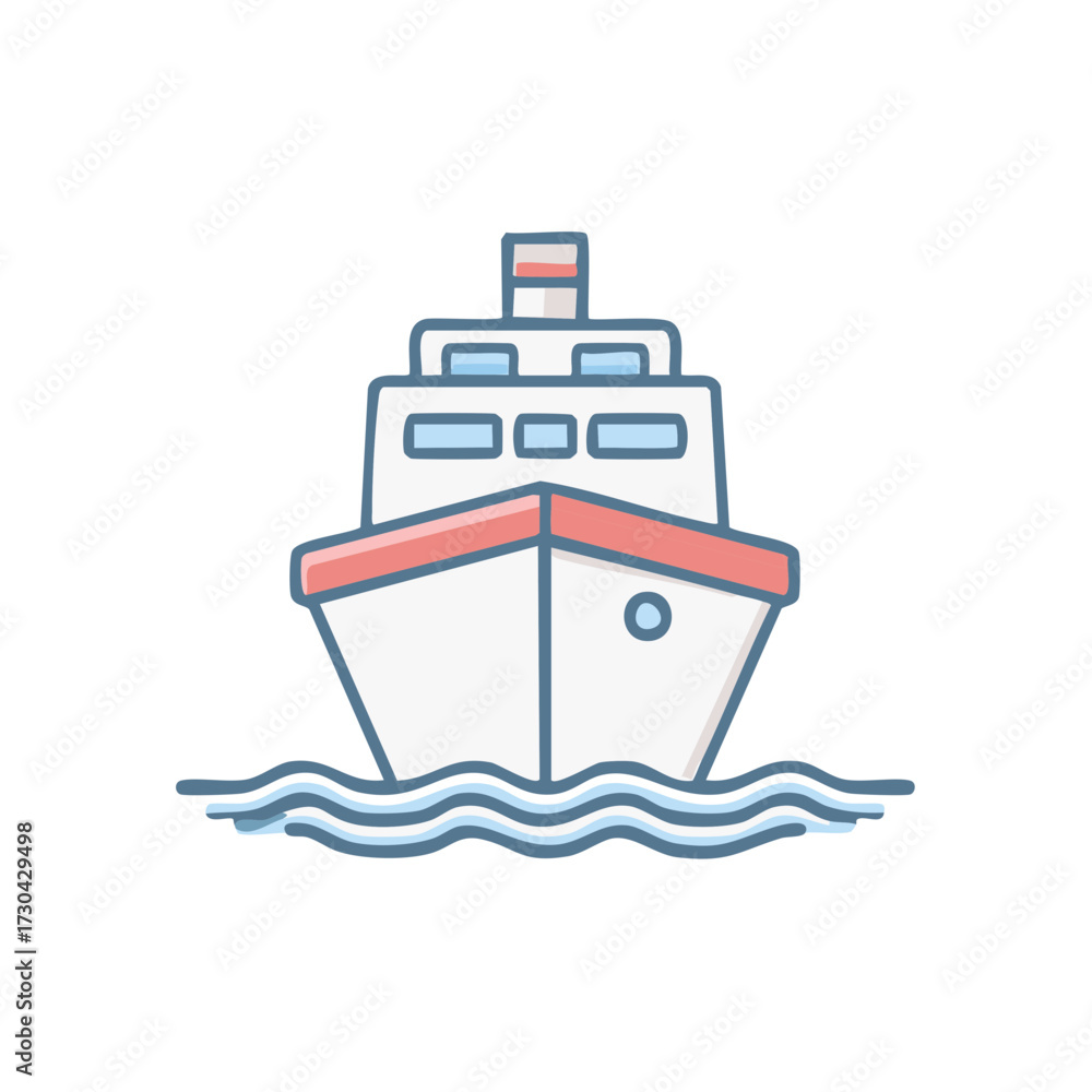 Obraz premium Front view icon of a ship or boat sailing on water with waves in a simple vector style