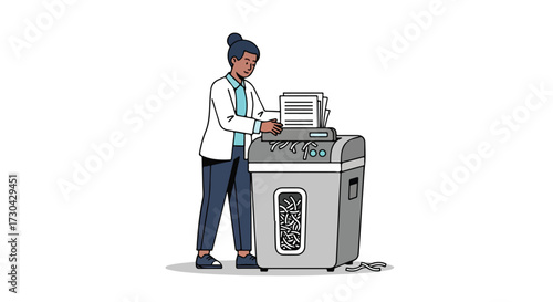 Woman carefully shreds documents using a modern paper shredder for data security and privacy in business office routine work environment