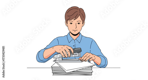 Illustration of a young professional securing documents with a stapler at the office workplace demonstrating productivity and clerical activities