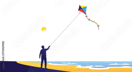 Silhouette of a man on the beach flying a colorful kite with the sun in the background creating a peaceful ocean landscape illustration