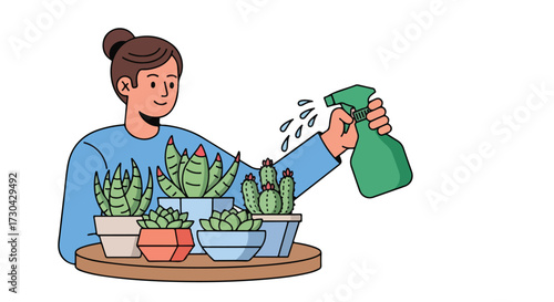 Delightful depiction of a person tending to their collection of potted succulent plants with a spray bottle offering a serene and domestic scene