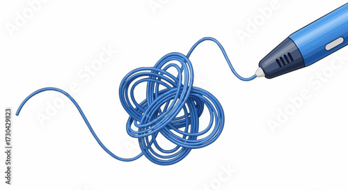 Close-up of a blue 3D printing pen drawing a tangled blue line against a white background