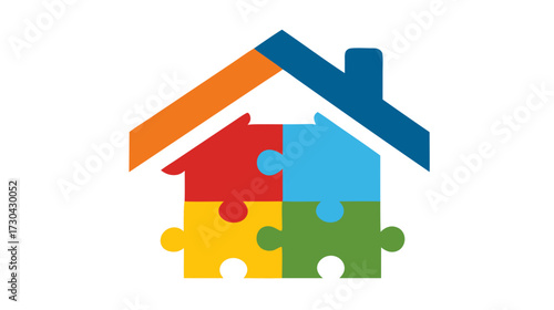 Vibrant house symbol built from jigsaw puzzle pieces, illustrating concepts of home, community, integration, solutions, and teamwork.