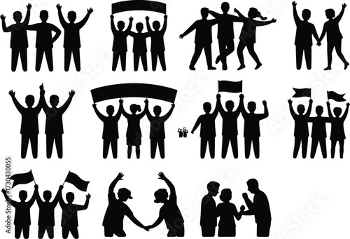 Silhouette group of people celebrating, protesting, interacting, and uniting with flags, banners, and teamwork gestures for community and social themes