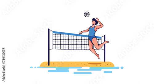 Dynamic beach volleyball player in mid-air spike near the net with simplified beach illustration, showcasing athleticism and summer recreation in a